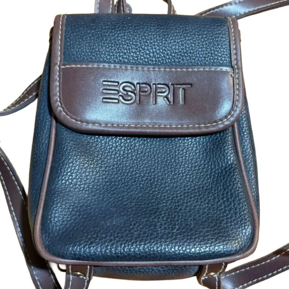 Vintage Y2K Esprit Mini Backpack Black Pebbled Leather Travel Organizer Bag - Picture 1 of 6